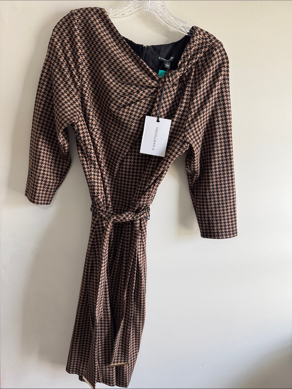 NWT41 Hawthorn Brown and Black Houndstooth Midi Dress with Tie Waist